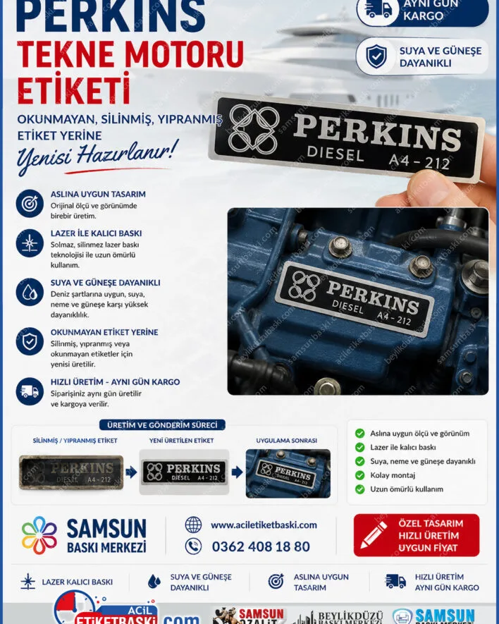 perkins tekne motoru etiketi, deniz motoru etiket yenileme, silinmiş Perkins etiketi, suya güneşe dayanıklı motor plakası, lazer metal markalama tekne, okunmayan motor numarası basımı, aslına uygun deniz etiket imalatı, aynı gün kargo deniz motoru etiketi