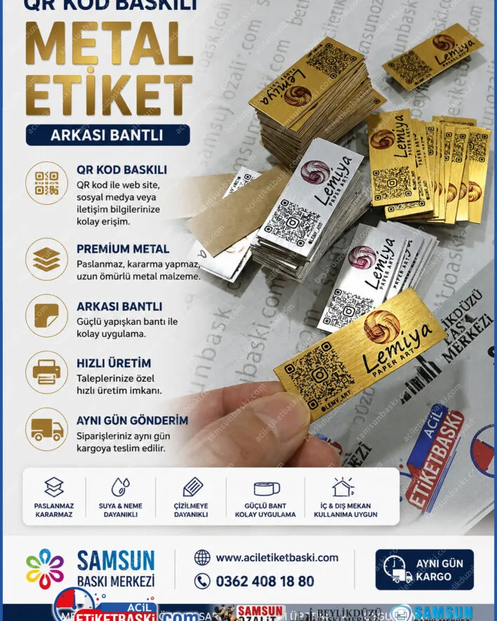 QR kod baskılı metal etiket, arkası bantlı karekod plakası, metal QR menü etiketi, web sayfası linki yönlendirme, ürün içi metal etiket, acil etiket baskı merkezi, hızlı metal etiket üretimi, samsun QR baskı