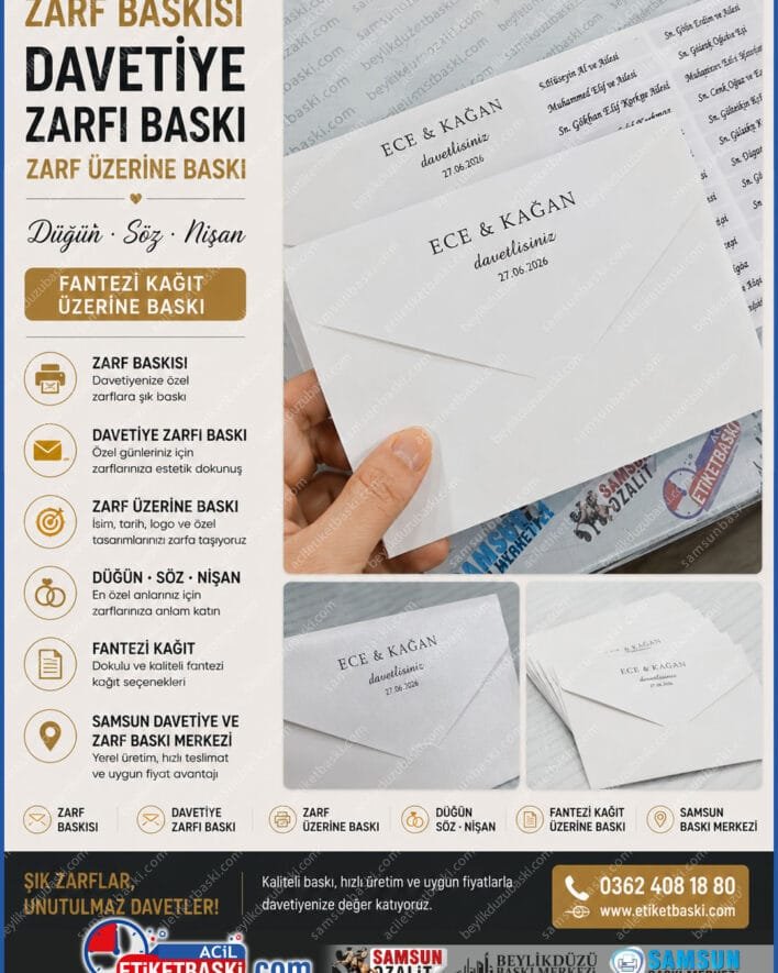 zarf baskısı samsun, davetiye zarfı baskı, fantezi kağıt üzerine baskı, zarf üzerine isim yazdırma, lüks düğün zarfı basımı, nişan zarfı süsleme, acil zarf matbaası, samsun davetiye ve zarf baskı merkezi