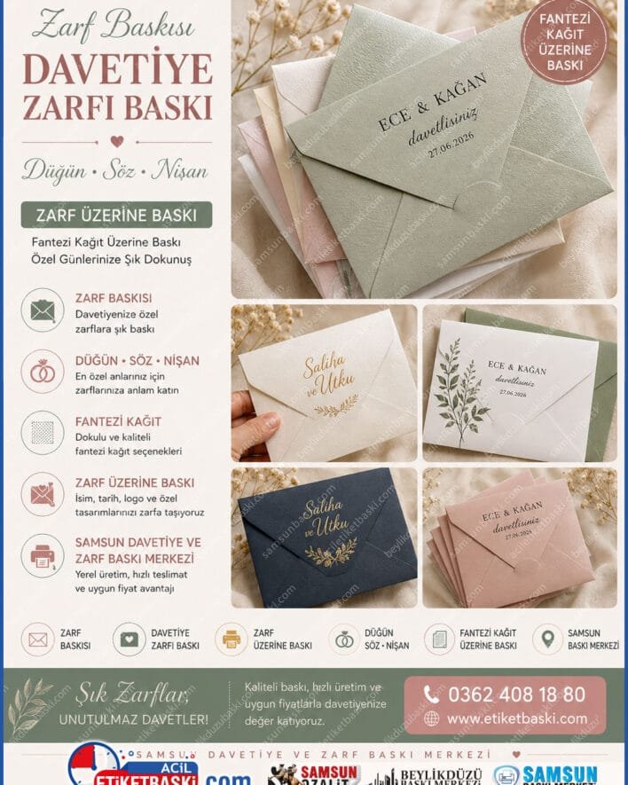 samsun zarf baskı, davetiye zarfı temini, fantezi kağıt üzerine baskı, zarf üzerine isim yazdırma, lüks düğün zarfı basımı, nişan zarfı tedariki, acil zarf matbaası, samsun davetiye ve zarf baskı merkezi