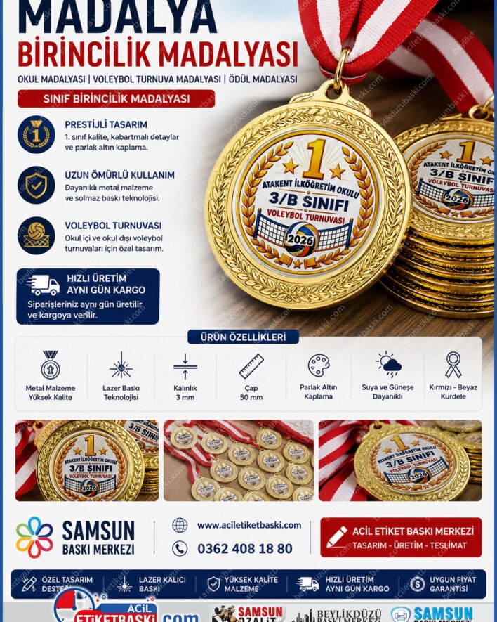 samsun okul madalyası, birincilik madalyası imalatı, voleybol turnuva madalyası, sınıf birincisi ödülü, okul madalya üretimi, baskılı madalya merkezi, samsun ödül madalyaları, aynı gün teslim matbaa