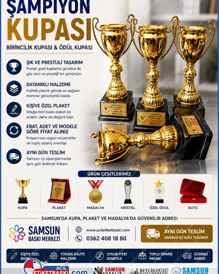 samsun şampiyon kupası, birincilik kupası fiyatları, samsun kupa plaket madalya, büyük boy ödül kupası, logolu kupa imalatı, spor turnuvası ödülleri, ebat ve modele göre kupa, aynı gün teslim kupa samsun