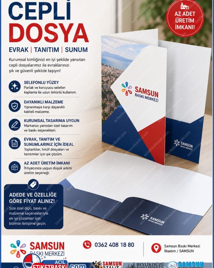 cepli dosya baskısı, selefonlu sunum dosyası, kurumsal evrak dosyası, az adetli tanıtım dosyası, kartvizit cepli dosya, samsun matbaa baskısı, cepli dosya fiyatları, samsun baskı merkezi