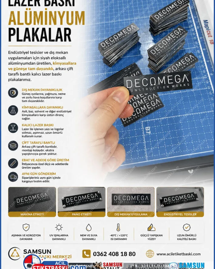 siyah metal etiket, eloksal alüminyum plaka, dış mekan dayanıklı etiket, kalıcı lazer baskı metal, arkası bantlı metal levha, hızlı üretim şasi etiketi, aynı gün gönderim metal etiket, ebat ve adede göre fiyat