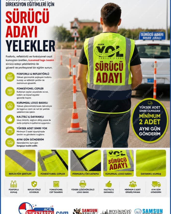 sürücü kursu yeleği, sürücü adayı yelek baskısı, cepli direksiyon yeleği, reflektörlü sınav yeleği, fosforlu sürücü kursu kıyafeti, logo baskılı iş yeleği, minimum 2 adet yelek, aynı gün gönderim kurs yeleği