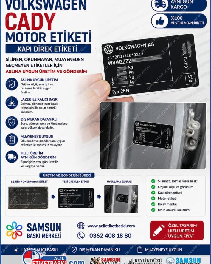 volkswagen caddy motor etiketi, caddy kapı direk etiketi, muayeneden geçmeyen araç etiketi, silinen şasi numarası yenileme, vw caddy etiket imalatı, motor içi dayanıklı etiket, aslına uygun şasi etiketi, hızlı etiket gönderimi