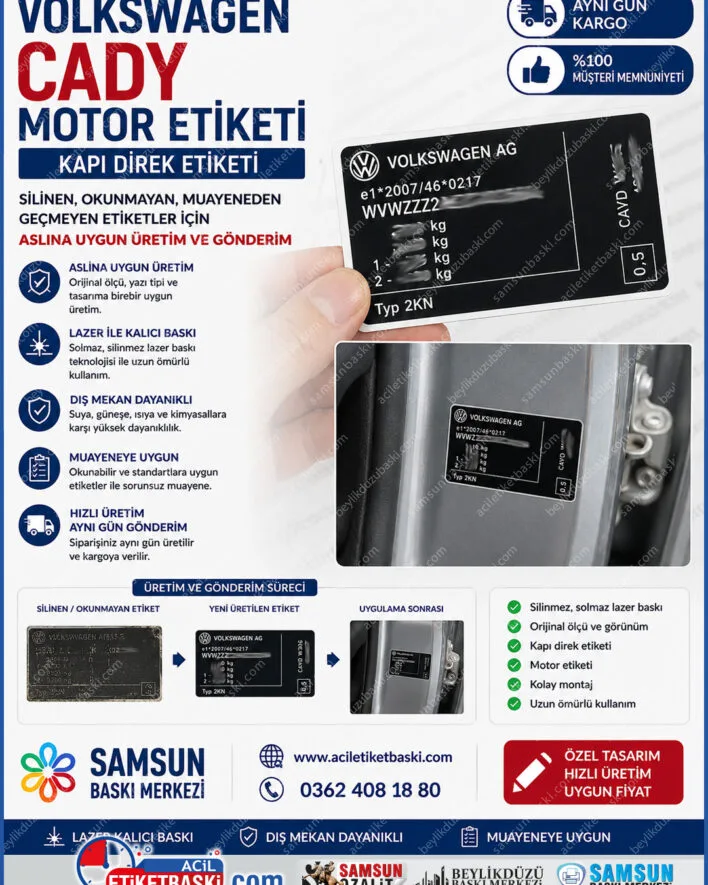 volkswagen caddy motor etiketi, caddy kapı direk etiketi, muayeneden geçmeyen araç etiketi, silinen şasi numarası yenileme, vw caddy etiket imalatı, motor içi dayanıklı etiket, aslına uygun şasi etiketi, hızlı etiket gönderimi