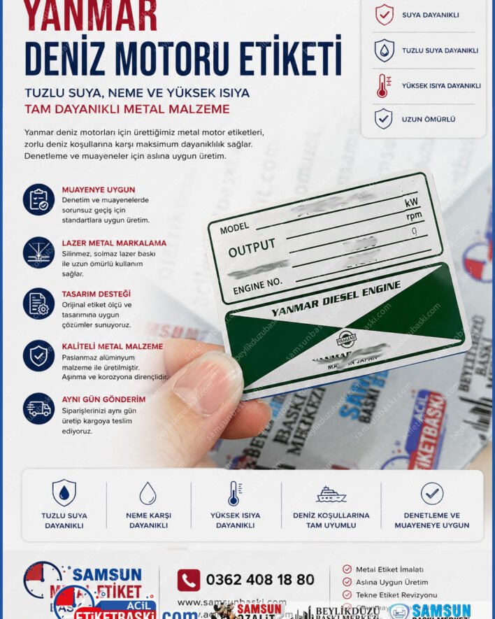 yanmar deniz motor etiketi, yanmar motor plakası, tekne etiket revizyonu, muayene için motor etiketi, lazer metal markalama tekne, okunmayan motor numarası, suya dayanıklı tekne etiketi, aynı gün gönderim etiket