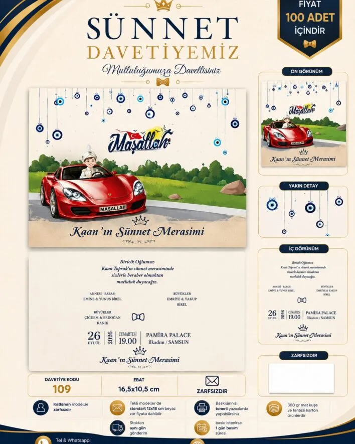 sünnet davetiyesi, ucuz sünnet davetiyesi, 109 kodlu davetiye, nazar boncuklu sünnet davetiyesi, arabalı sünnet davetiyesi, katlanan sünnet davetiyesi, zarfsız davetiye, 16.5x10.5 cm davetiye, ekonomik sünnet davetiyesi, erkek çocuk sünnet davetiyesi, fantezi karton davetiye, maşallah yazılı davetiye, stoktan aynı gün kargo, samsun baskı merkezi, 100 adet davetiye, ucuz davetiye