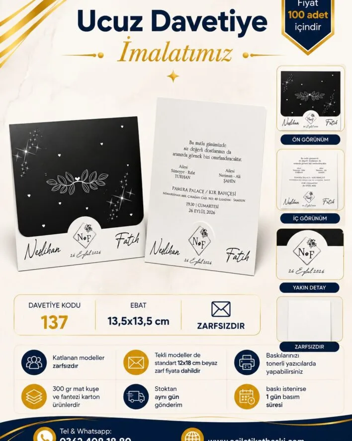 137 kodlu davetiye, siyah beyaz konsept, kendinden zarfli davetiye, 300 gr davetiye, kendin bas davetiye, baskili davetiye, 100 adet davetiye, ucuz davetiye, davetiye uretim imalat, ayni gun teslim davetiye