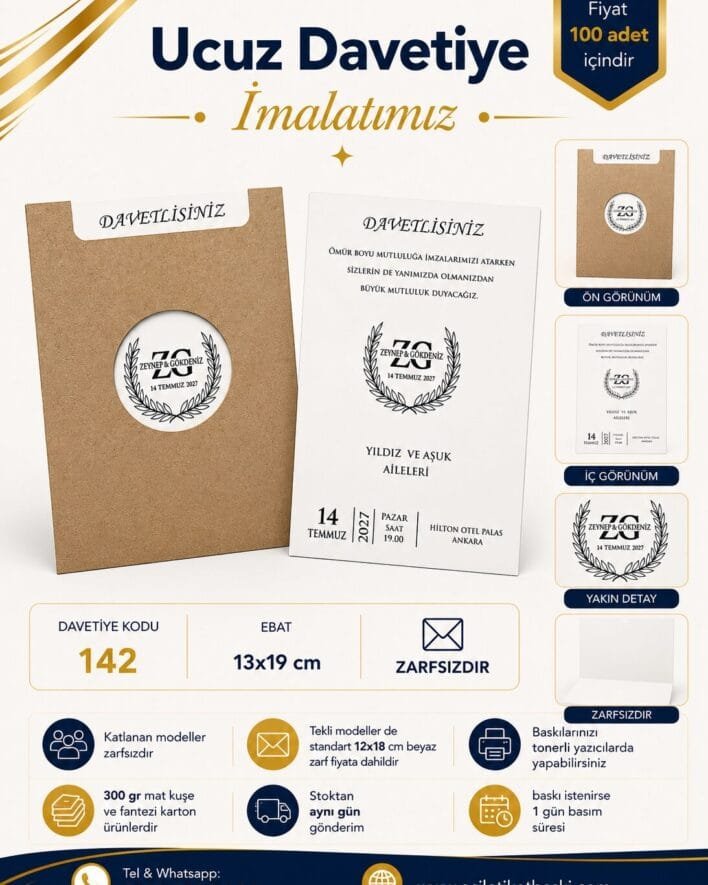 ucuz davetiye, düğün davetiyesi, 142 kodlu davetiye, pencereli kraft davetiye, katlanan davetiye, zarfsız davetiye, 13x19 cm davetiye, ekonomik davetiye, nişan davetiyesi, nikah davetiyesi, fantezi karton davetiye, hızlı baskı davetiye, stoktan aynı gün kargo, samsun baskı merkezi, 100 adet davetiye, ucuz düğün davetiyesi
