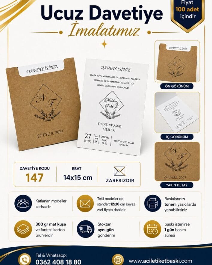 147 nolu davetiye, kraft davetiye, kendinden zarfli davetiye, ici beyaz karton, zarfsiz davetiye, ucuz davetiye, davetiye uretim, davetiye imalat, 100 adet davetiye, kendin bas davetiye