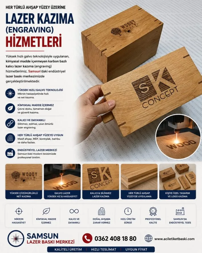 ahşap lazer kazıma, galvo lazer ahşap baskı, karbon bazlı ahşap oyma, ahşap engraving baskı, hızlı ahşap markalama, endüstriyel ahşap yakma, samsun lazer baskı merkezi, ahşap logo kazıma