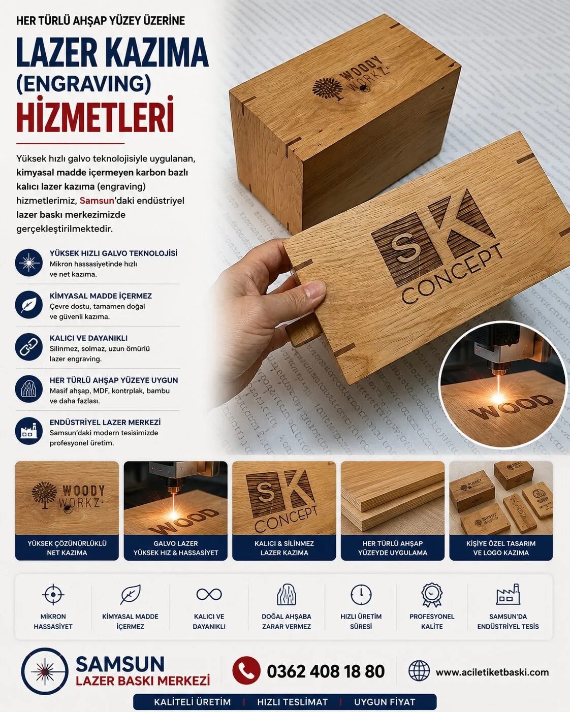 ahşap lazer kazıma, galvo lazer ahşap baskı, karbon bazlı ahşap oyma, ahşap engraving baskı, hızlı ahşap markalama, endüstriyel ahşap yakma, samsun lazer baskı merkezi, ahşap logo kazıma