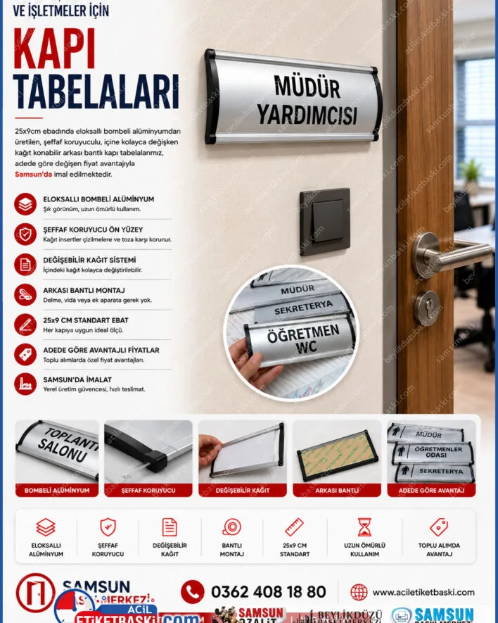 alüminyum bombeli kapı tabelası, modüler okul sınıf tabelası, 25x9cm derslik panosu, kağıt değişen kapı etiketliği, arkası bantlı oda tabelası, kamu binası yönlendirme levhası, adede göre fiyat değişir tabela, samsun modüler tabela imalatı