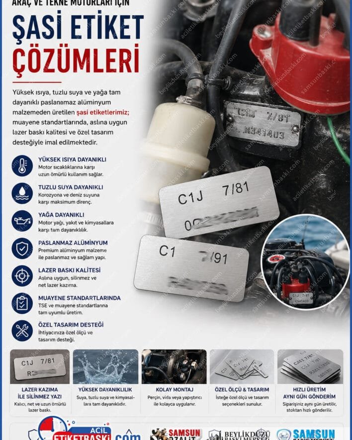 Alüminyum Paslanmaz, araç motor etiketi, tekne motoru şasi künyesi, paslanmaz alüminyum etiket, lazer baskı şasi numarası, motor etiket revizyonu, düşmüş şasi etiketi yenileme, muayene için motor etiketi, samsun şasi etiket imalatı
