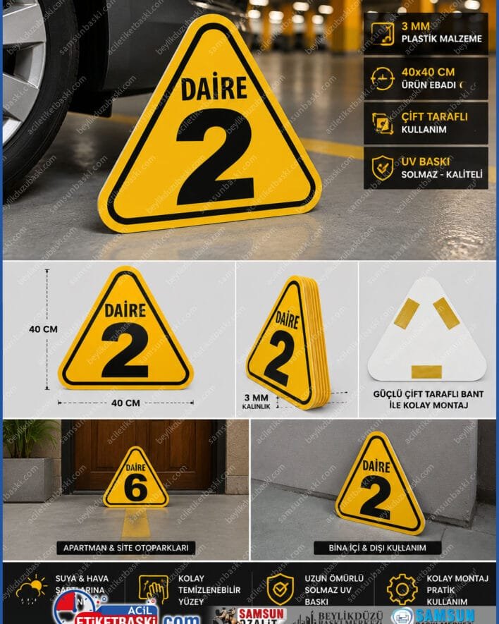 otopark tabelasi, arac yeri tabelasi, daire numarali tabela, 3mm plastik tabela, uyari sarisi tabela, siyah baski tabela, ucgen otopark tabelasi, oval kose tabela, arkasi bantli tabela, otopark yonlendirme