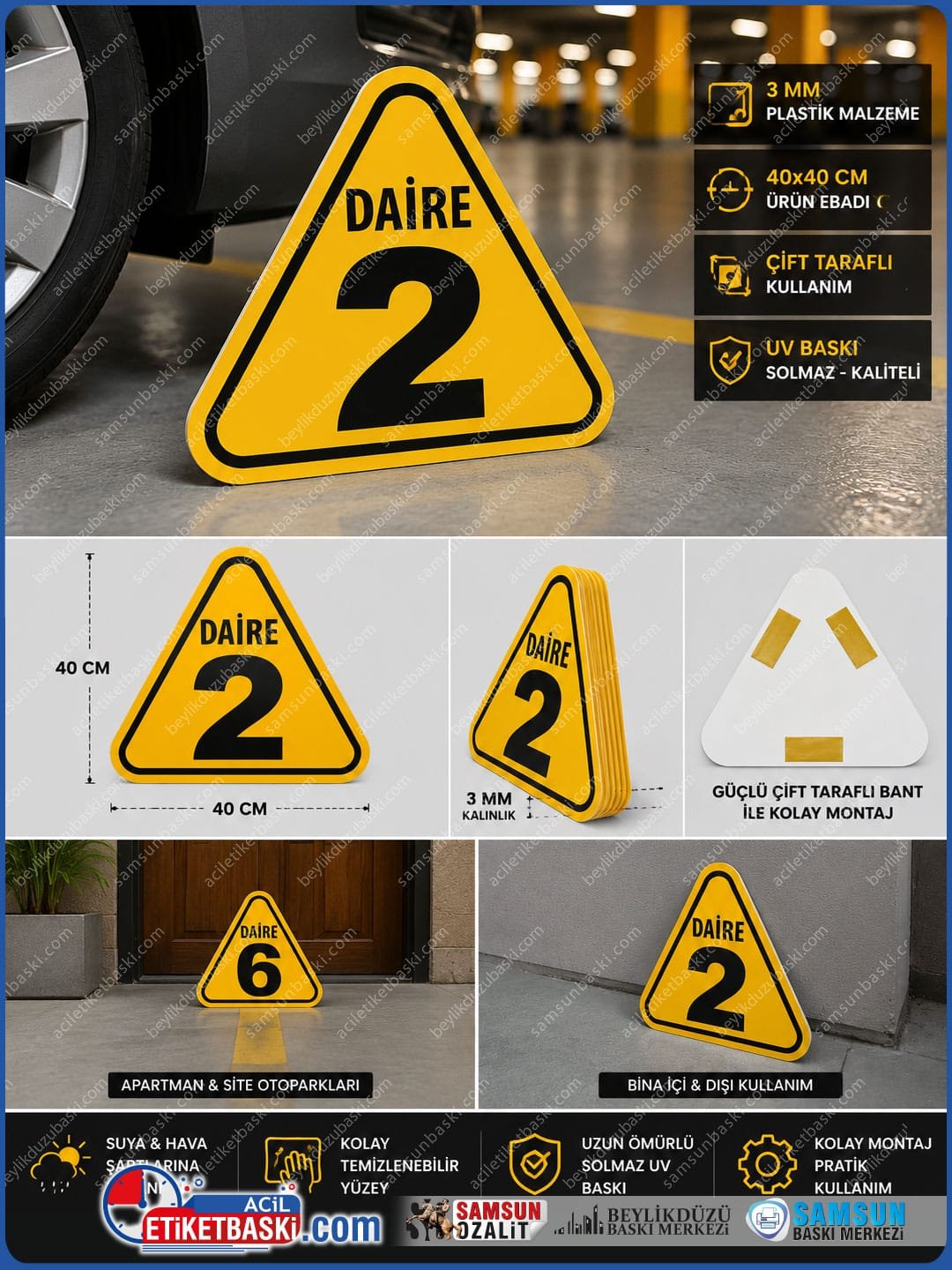 daire-numarali-plastik-otopark-tabelasi otopark tabelasi, arac yeri tabelasi, daire numarali tabela, 3mm plastik tabela, uyari sarisi tabela, siyah baski tabela, ucgen otopark tabelasi, oval kose tabela, arkasi bantli tabela, otopark yonlendirme