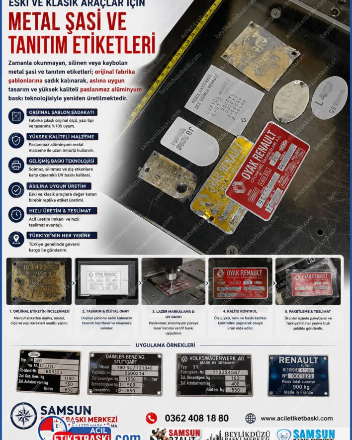 eski araç metal etiket, şasi etiket yenileme, aslına uygun araç etiketi, okunmayan şasi etiketi, kaybolan motor etiketi, eski araç etiket tasarımı, klasik oto metal etiket, samsun oto etiket imalatı