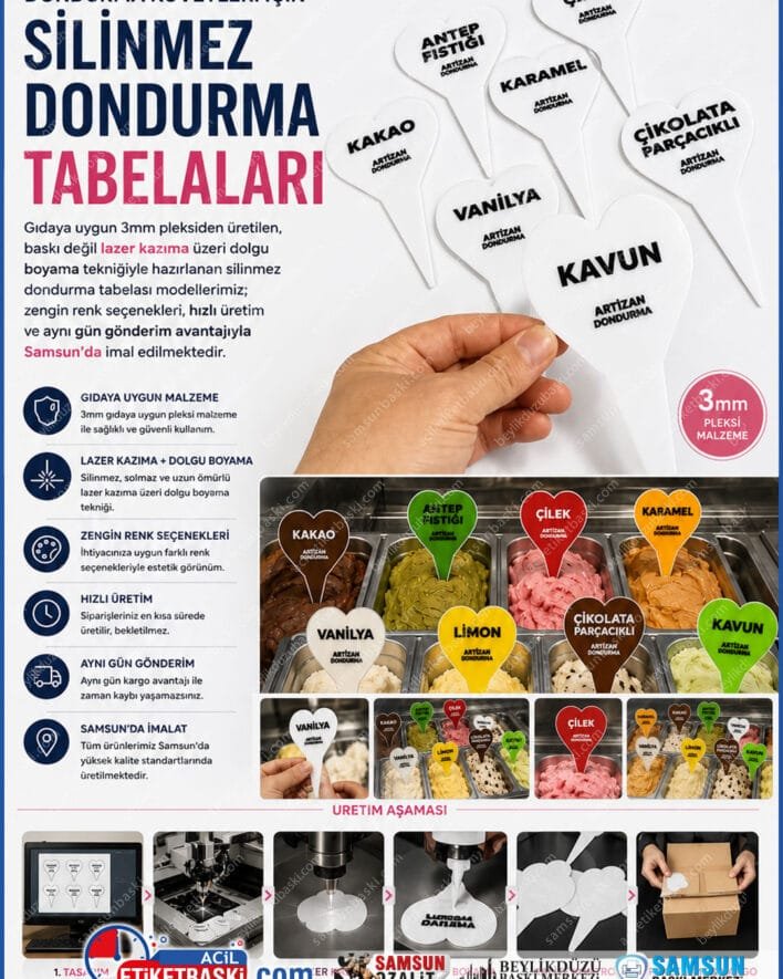 pleksi dondurma tabelası, dondurma çubuğu isimlik, dondurma isimleri yazılı pleksi, gıdaya uygun reyon etiketliği, kazıma dondurma tabelası, yıkanabilir dondurma fiyatlığı, samsun pleksi etiket imalatı, aynı gün gönderim dondurma tabelası