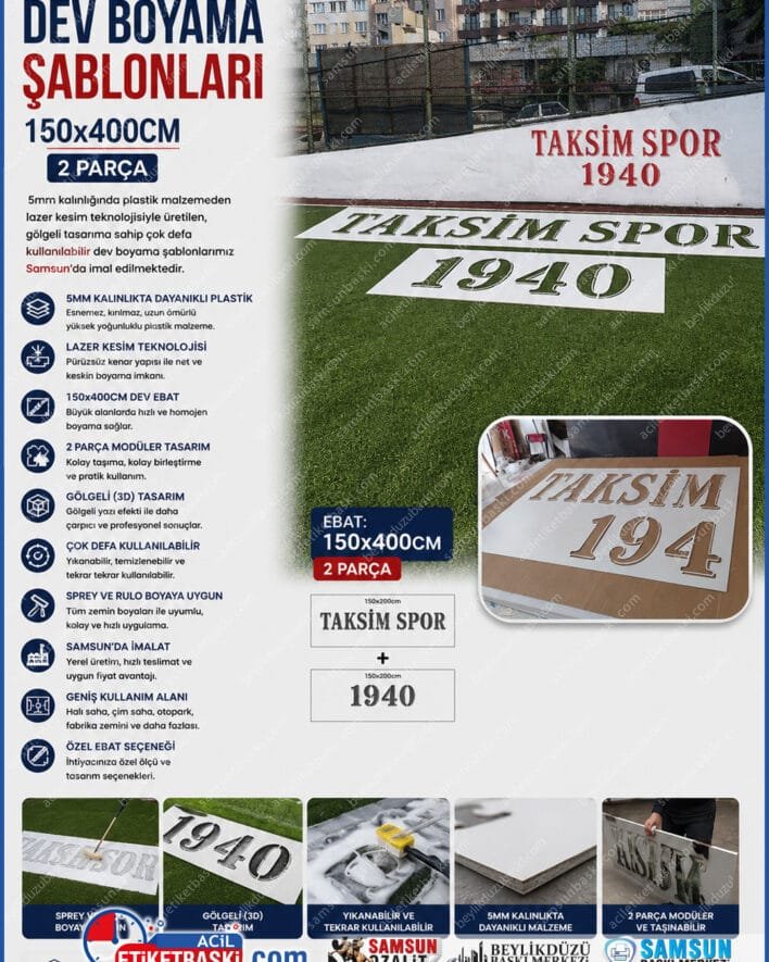 büyük şablon kesimi, halı saha boyama şablonu, çim saha amblem kalıbı, 5mm plastik şablon, 150x400cm boya şablonu, gölgeli tasarım şablon kesim, büyük alan boyama kalıbı, samsun lazer kesim şablon