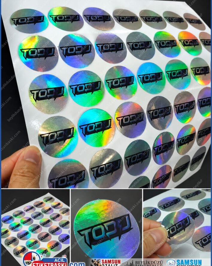 hologram etiket, ozel ebat etiket, ozel kesim etiket, 4cm hologram etiket, logo baskili etiket, yazi baskili etiket, hizli uretim etiket, ayni gun gonderim etiket, guvenlik etiketi, parlak etiket