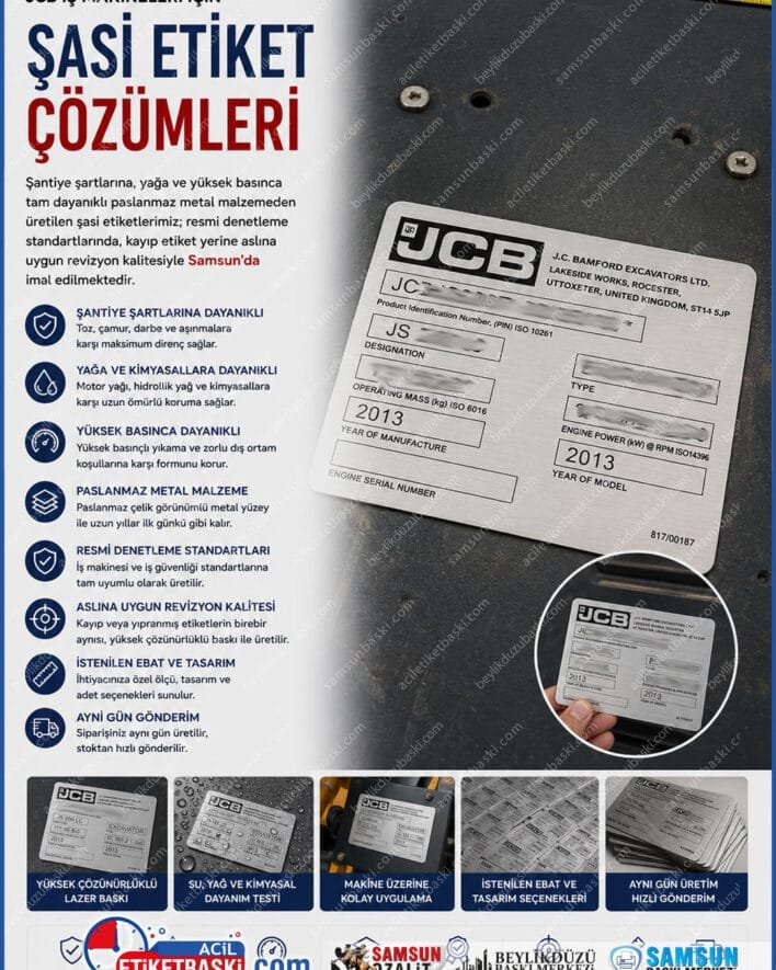 jcb şasi etiketi, iş makinesi bilgi etiketi, kayıp şasi etiketi yenileme, denetleme için makine etiketi, araç tanıtım etiketi baskısı, jcb revizyon etiket, samsun iş makinesi etiketi, metal şasi künyesi