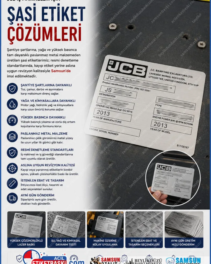 jcb şasi etiketi, iş makinesi bilgi etiketi, kayıp şasi etiketi yenileme, denetleme için makine etiketi, araç tanıtım etiketi baskısı, jcb revizyon etiket, samsun iş makinesi etiketi, metal şasi künyesi