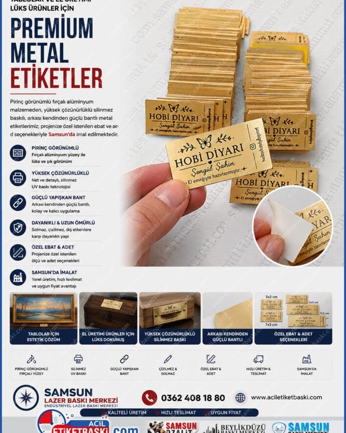 tablo içi metal etiket, el üretimi ürün etiketi, pirinç görünümlü alüminyum etiket, fırçalı yüzey metal etiket, arkası bantlı çerçeve etiketi, istenilen ebat metal etiket, şık tasarım sanatçı etiketliği, samsun pirinç etiket imalatı
