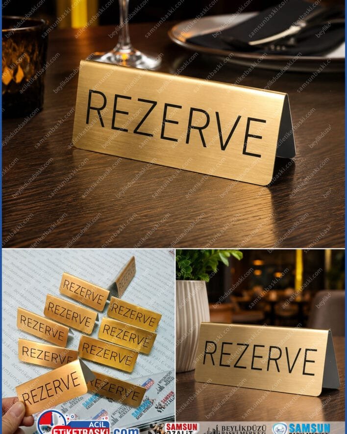 rezerve tabelasi, masa uzeri tabela, metal tabela, ucgen rezerve, paslanmaz aluminyum, ince metal tabela, 2 yuzey baskili tabela, ortadan bukum tabela, adetli metal tabela, hizli uretim tabela