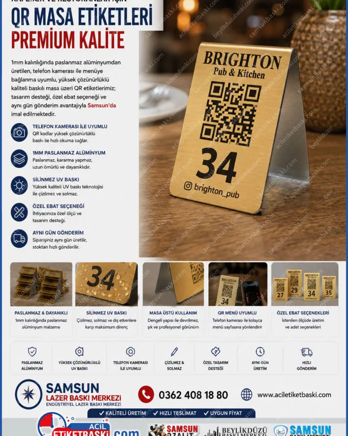 masa üzeri qr kod, paslanmaz alüminyum qr, 1mm alüminyum menü, hızlı üretim qr etiket, aynı gün gönderim qr, kaliteli baskı qr menü, telefon kamerası qr menü, özel ebat alüminyum etiket, samsun qr etiket imalatı