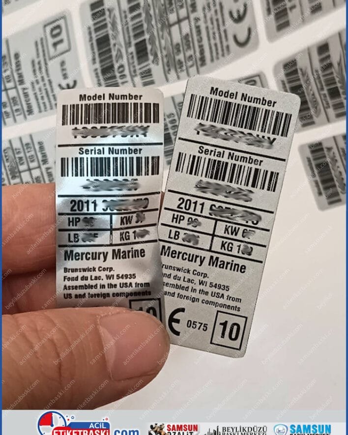 Mercury tekne motor etiketi, suya dayanıklı, folyo etiket ve alüminyum metal plaka olarak tasarlandı, tekne motor şasi etiket aslına uygun, revizyon