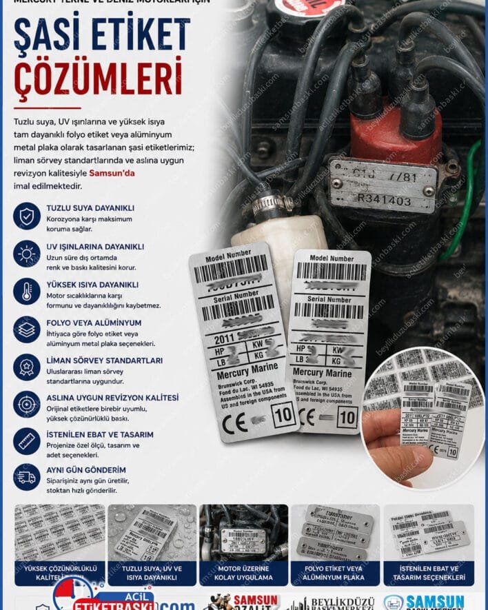 mercury motor etiketi, tekne motoru şasi künyesi, suya dayanıklı deniz motoru etiketi, alüminyum tekne etiket plakası, mercury folyo motor etiketi, muayene için şasi etiket yenileme, samsun marin etiket imalatı, motor etiket revizyonu