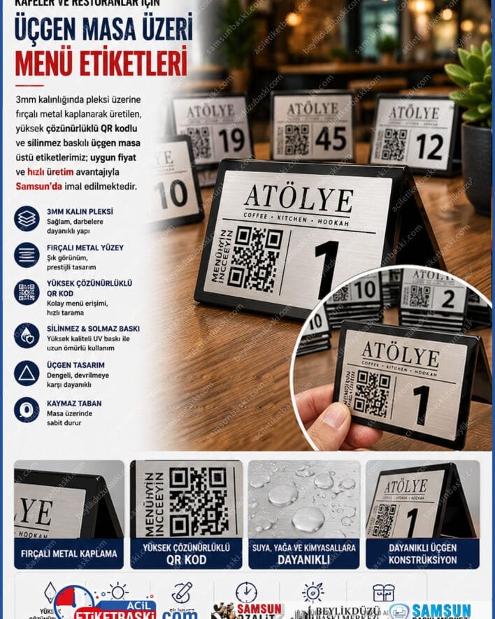 üçgen masa isimliği, pleksi masa etiketliği, 3mm pleksi menülük, üzeri metal masa etiketliği, qr kod menü etiketi, masa üzeri menü etiketliği, hızlı üretim masa isimliği, uygun fiyatlı pleksi etiket, samsun qr menü baskısı
