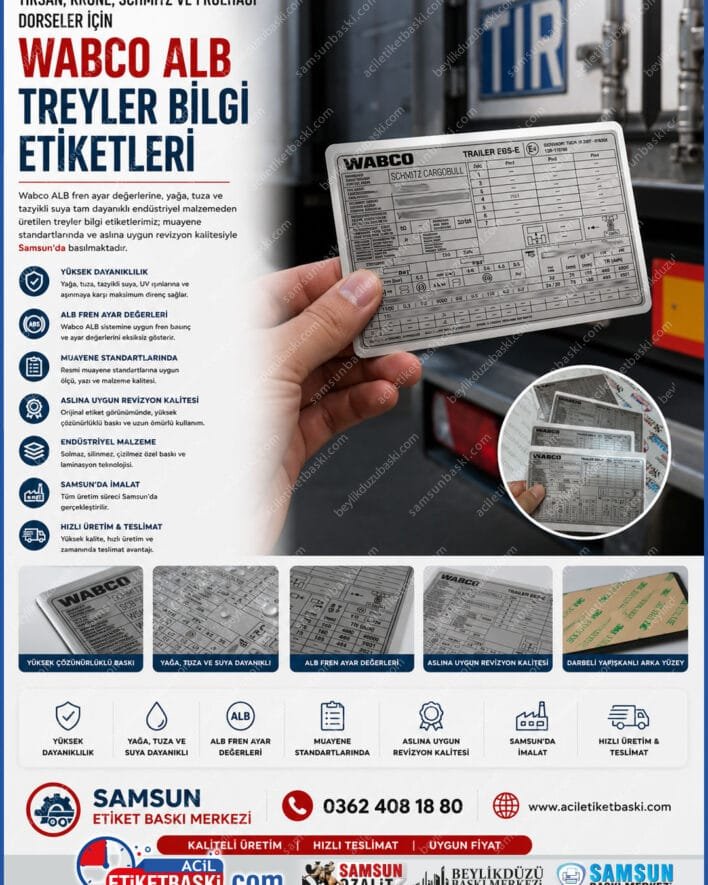 wabco alb etiketi, tırsan dorse etiketi, krone alb tablosu, schmitz cargobull şasi etiketi, treyler bilgi etiketi, muayene için alb etiketi, fruehauf fren etiketi, samsun dorse etiket imalatı