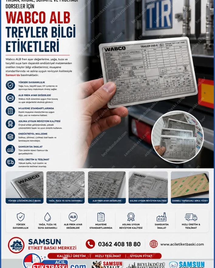 wabco alb etiketi, tırsan dorse etiketi, krone alb tablosu, schmitz cargobull şasi etiketi, treyler bilgi etiketi, muayene için alb etiketi, fruehauf fren etiketi, samsun dorse etiket imalatı