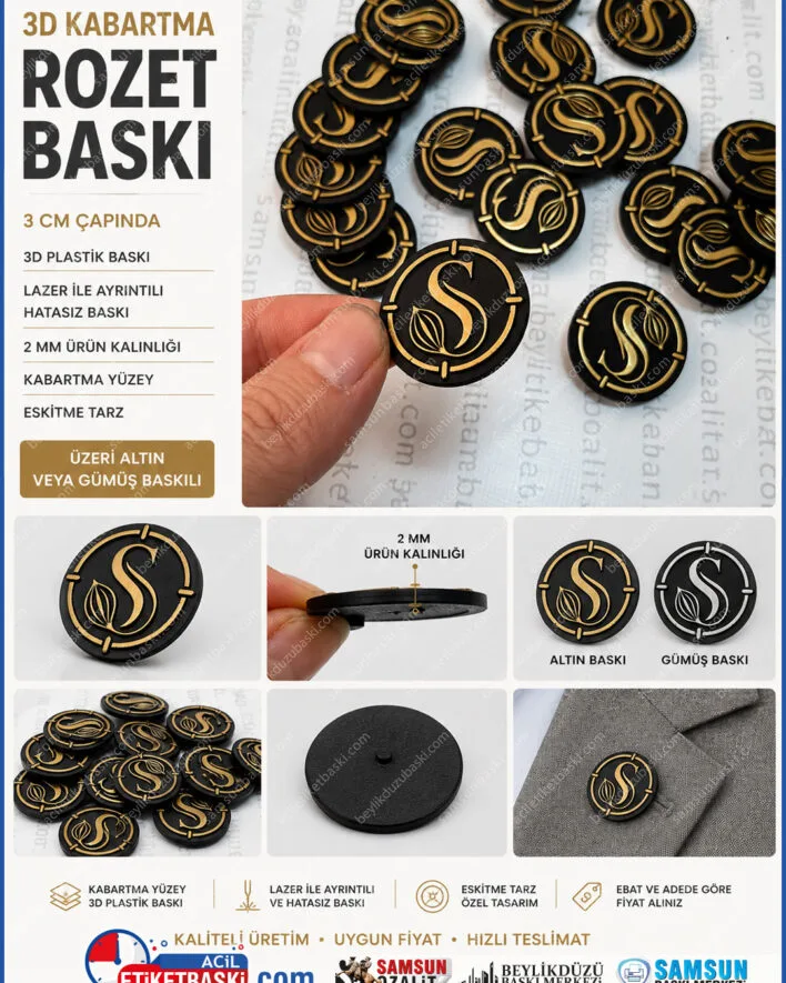 3d kabartma rozet, plastik rozet baski, eskitme rozet, lazer baski rozet, altin kaplama rozet, gumus kaplama rozet, 3cm rozet, kabartma figur rozet, ozel rozet imalati, kurumsal rozet