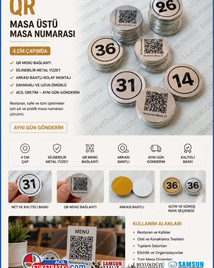 masa uzeri qr, yuvarlak masa numarasi, 4cm masa numarasi, metal masa numarasi, qr menu baglantisi, arkasi bantli masa numarasi, acil masa numarasi imalat, ayni gun gonderim, metal etiket imalati, kafe masa numarasi