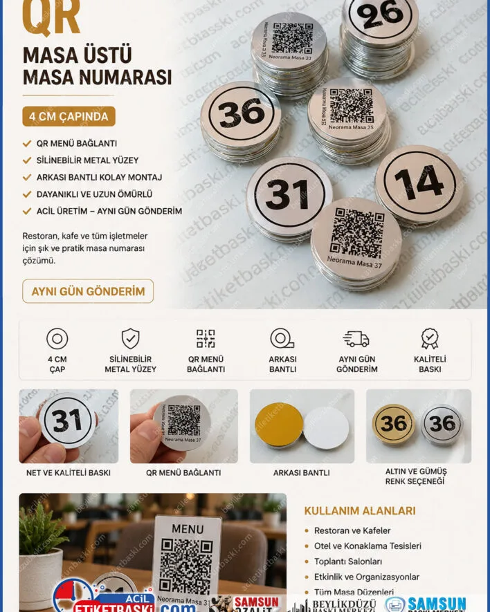 masa uzeri qr, yuvarlak masa numarasi, 4cm masa numarasi, metal masa numarasi, qr menu baglantisi, arkasi bantli masa numarasi, acil masa numarasi imalat, ayni gun gonderim, metal etiket imalati, kafe masa numarasi