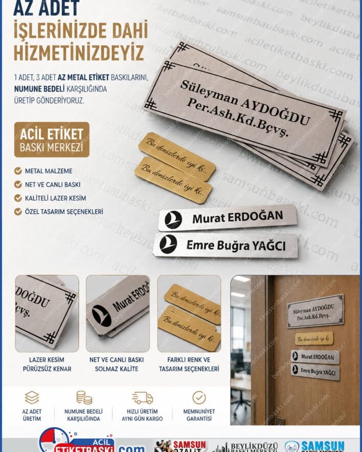 az adet metal etiket, 1 adet metal etiket, numune metal etiket, acil metal etiket, kucuk adet metal etiket baski, kisiye ozel metal etiket, metal etiket numune, lazer baskili metal etiket, samsun baski merkezi, acil etiket baski merkezi