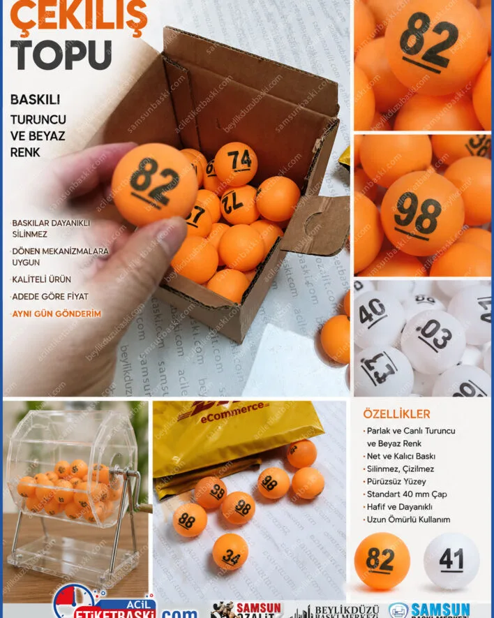 cekilis topu, baskili cekilis topu, turuncu beyaz cekilis topu, donen mekanizma topu, silinmez baskili top, piyango topu, numarali cekilis topu, kaliteli cekilis topu, ayni gun gonderim, ozel baskili top