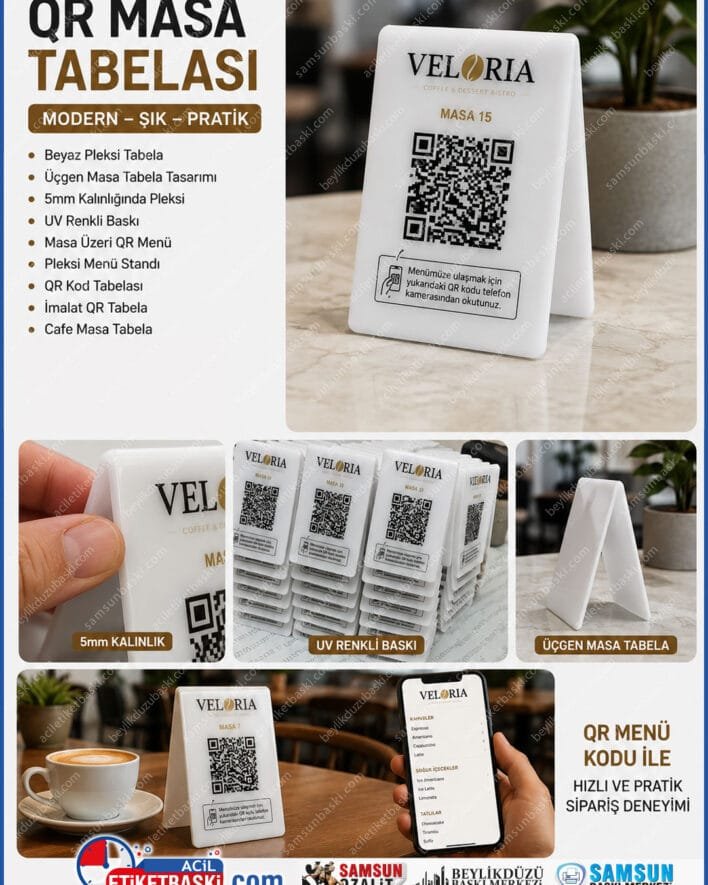 qr masa tabelasi, beyaz pleksi tabela, ucgen masa tabela, 5mm pleksi tabela, uv renkli baski, masa uzeri qr menu, pleksi menu standi, qr kod tabelasi, imalat qr tabela, cafe masa tabela