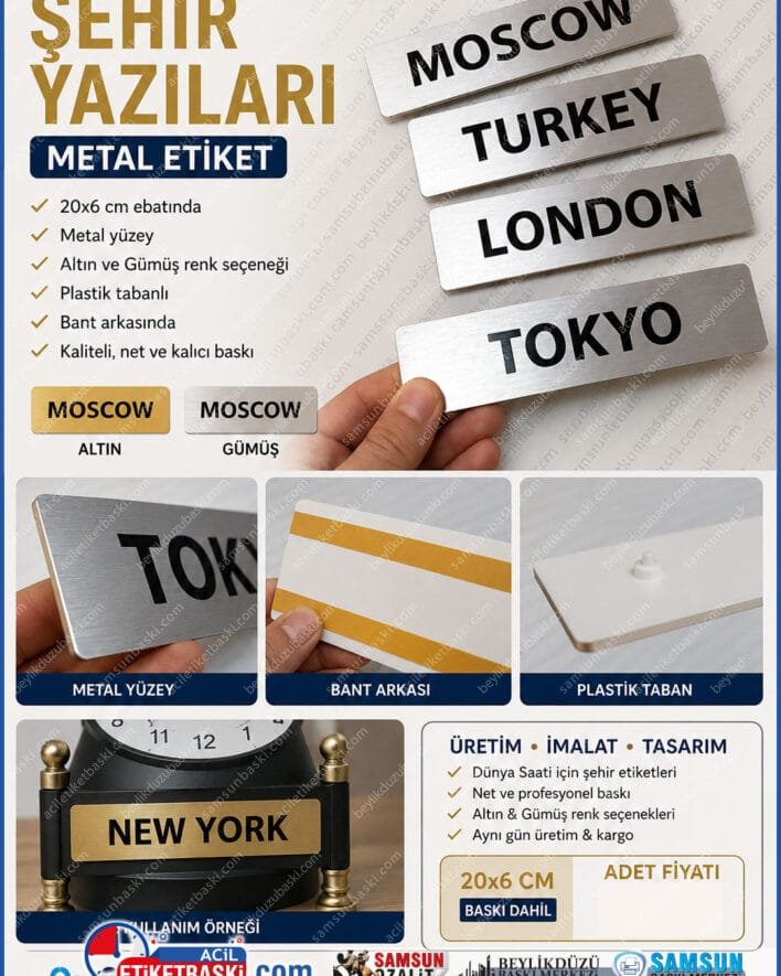 dunya saati tabelasi, sehir isimligi, metal sehir yazisi, dunya saati sehirleri, metal tabela, altin gumus metal tabela, acil metal tabela, plastık tabanli tabela, samsun baski merkezi, ayni gun kargo tabela
