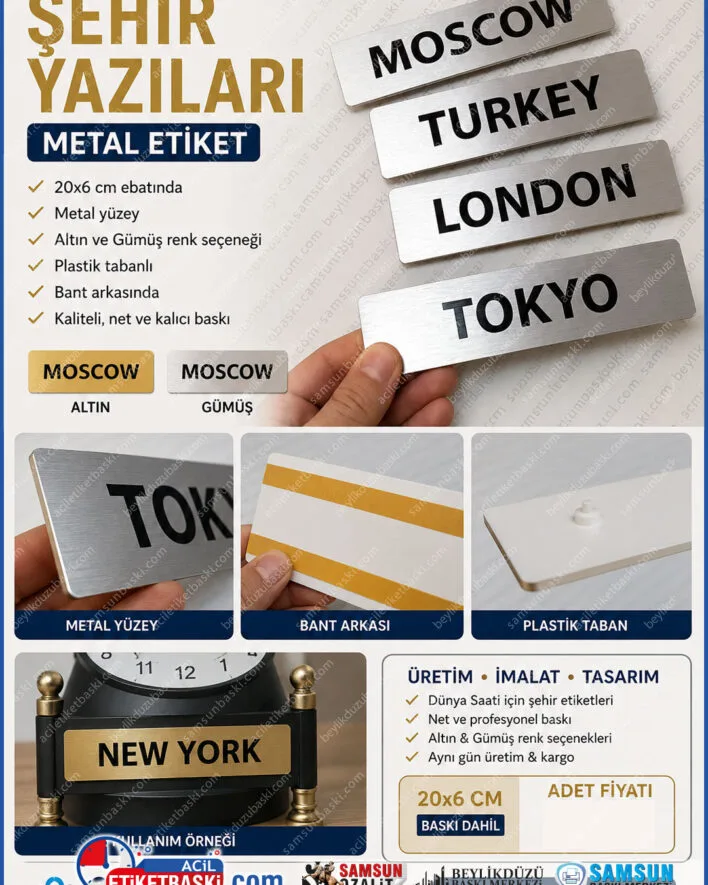 dunya saati tabelasi, sehir isimligi, metal sehir yazisi, dunya saati sehirleri, metal tabela, altin gumus metal tabela, acil metal tabela, plastık tabanli tabela, samsun baski merkezi, ayni gun kargo tabela