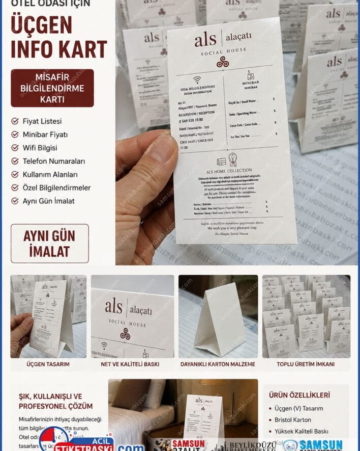 otel odasi info tabela, ucgen info tabela, minibar fiyat listesi, otel oda bilgilendirme karti, wifi ve telefon karti, otel masa ustü tabela, ucgen karton tabela, otel oda kartonu, ayni gun imalat tabela, otel matbaa baski