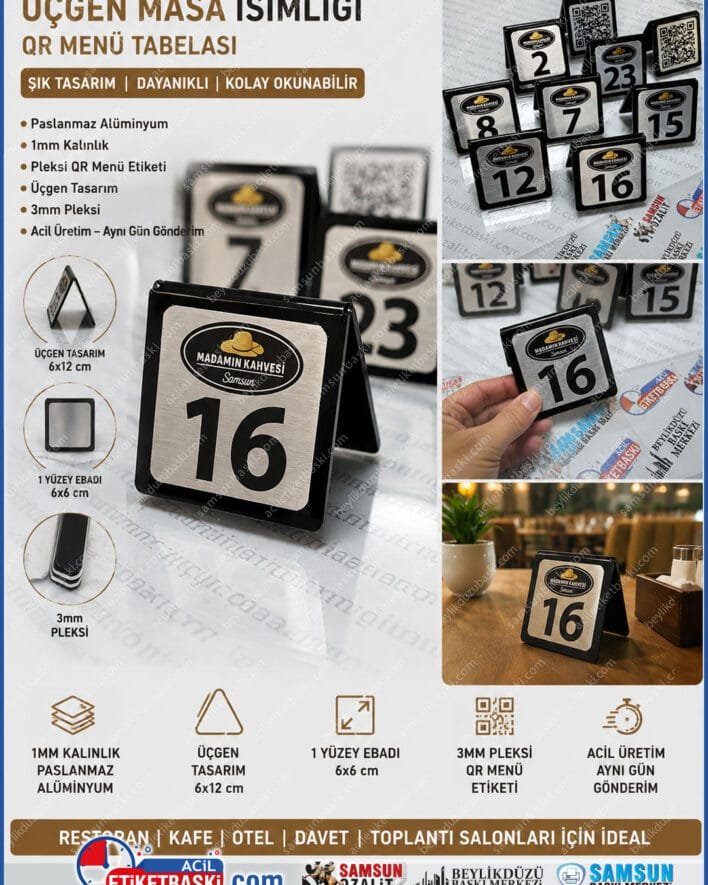 ucgen masa isimligi, pleksi qr menu, 3mm pleksi tabela, altin metal baski, gumus metal baski, qr masa tabela, masa uzeri qr menu, cafe masa isimligi, bukum pleksi tabela, qr menu standi