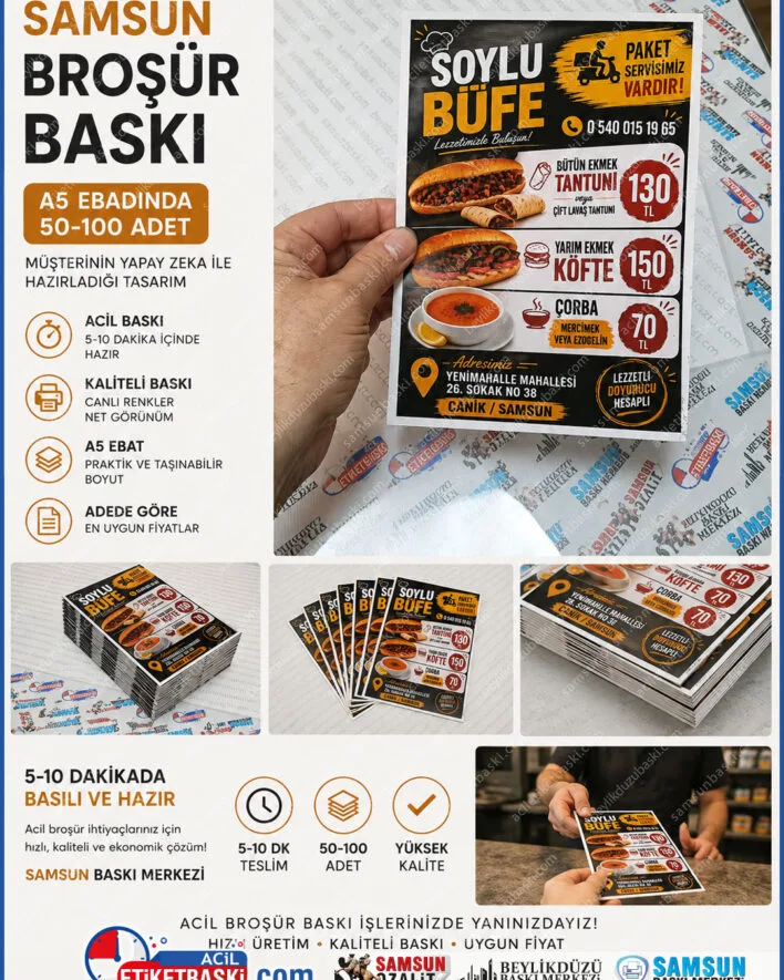 samsun brosur baski, acil brosur baskisi, a5 brosur, 50 adet brosur, 100 adet brosur, yapay zeka brosur tasarimi, 5 dakikada brosur, samsun acil baski, dijital brosur baski, az adet brosur
