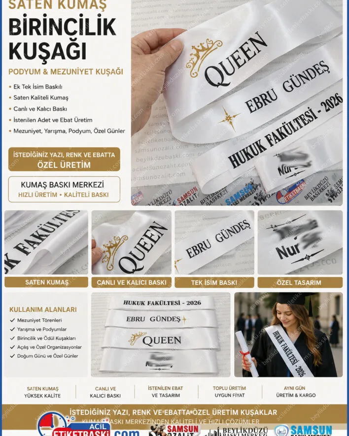 birincilik kusagi, podyum kusagi, mezuniyet kusagi, saten kusak, kisisellestirilmis kusak, isim baskili kusak, derece kusagi, ozel baskili saten kusak, kumasi baski merkezi, mezuniyet aksesuarlari