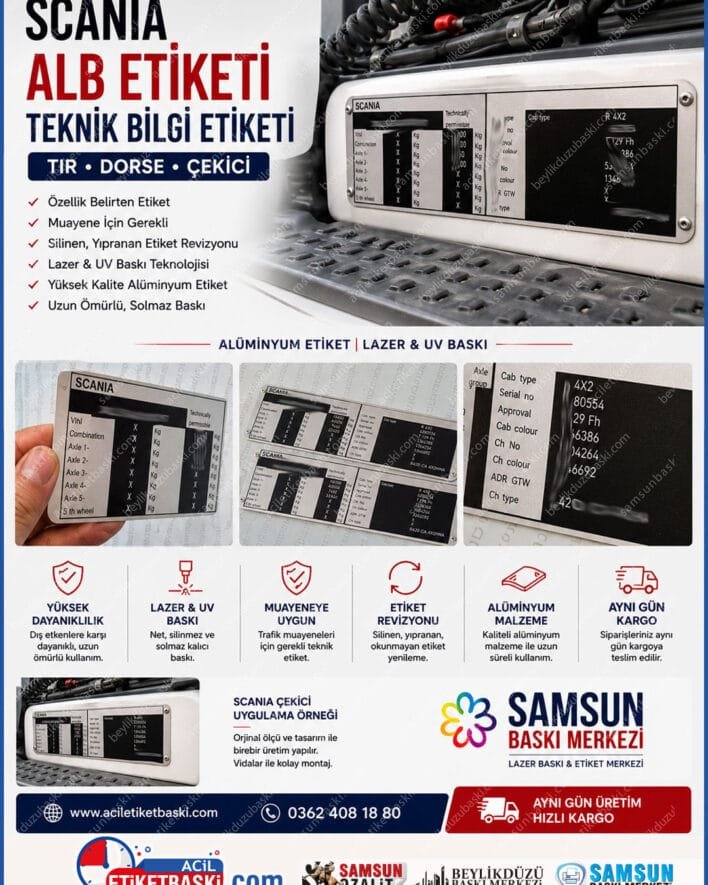 alb etiketi, tir dorse etiketi, scania cekici etiketi, teknik bilgi etiketi, sase etiket baski, muayene etiketi, muayene icin etiket, silinen etiket yenileme, agir vasita etiket, samsun baski merkezi