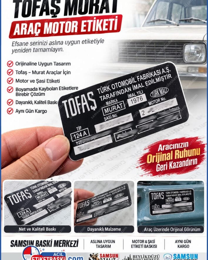 tofas murat etiket, tofas motor etiketi, tofas sase etiketi, klasik arac etiketi, boyada kaybolan etiket, arac restorasyon etiket, orjinal sase etiket, samsun baski merkezi, sase etiket baski, ayni gun kargo